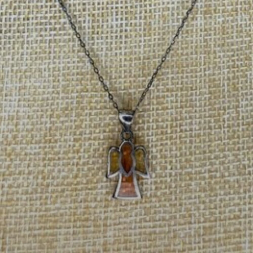 Sterling Silver Amber Stained Glass Angel Pendant Necklace 20" Chain *See Pics